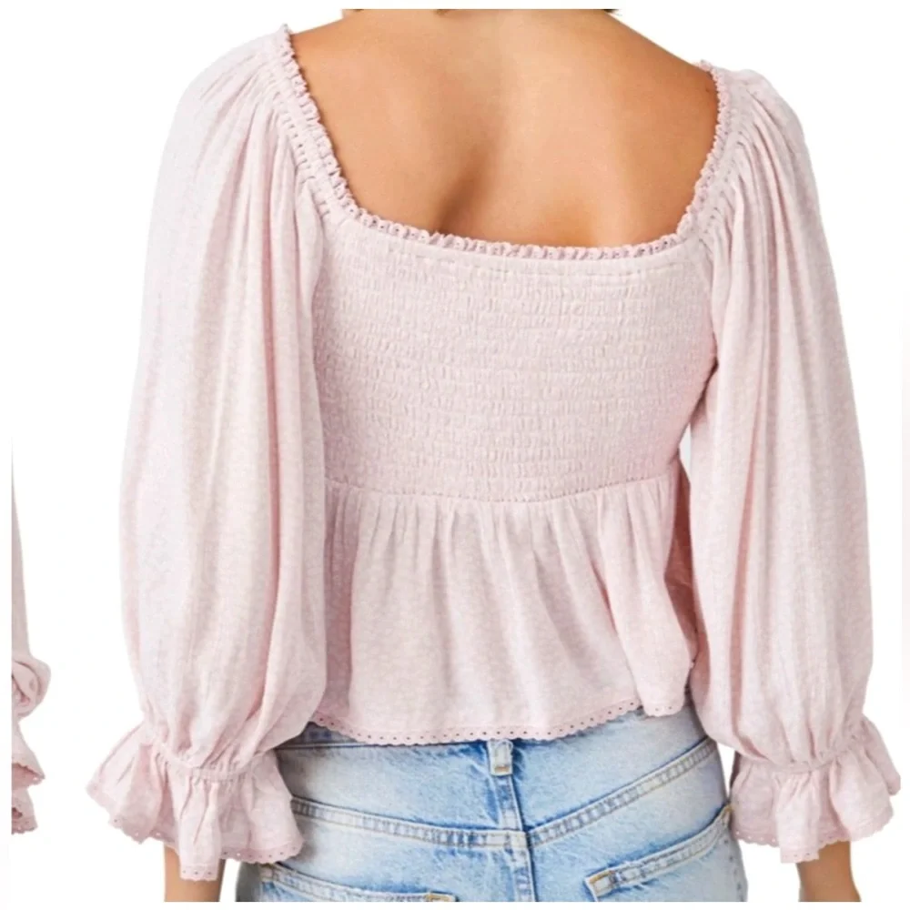 FREE PEOPLE Brittnee Print Smocked Peplum‎ Top In Pink Lotus